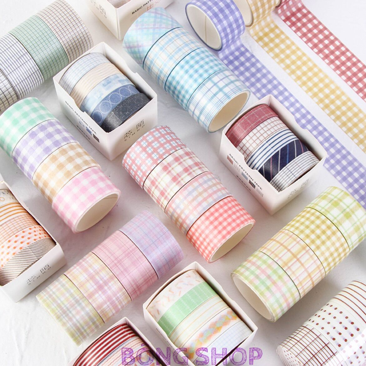 Băng dính washi tape sọc caro màu kẹo ngọt set 4 cuộn Bông Shop