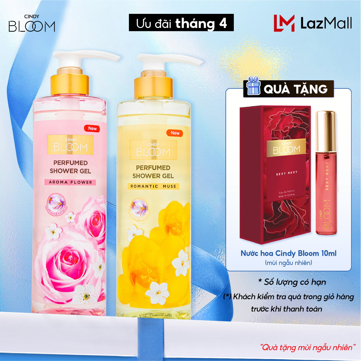 Combo 2 Sữa Tắm Hương Nước Hoa Cindy Bloom Aroma Flower Ngọt Ngào Nữ Tính + Romantic Muse Quyến Rũ Lãng Mạn 640g/chai