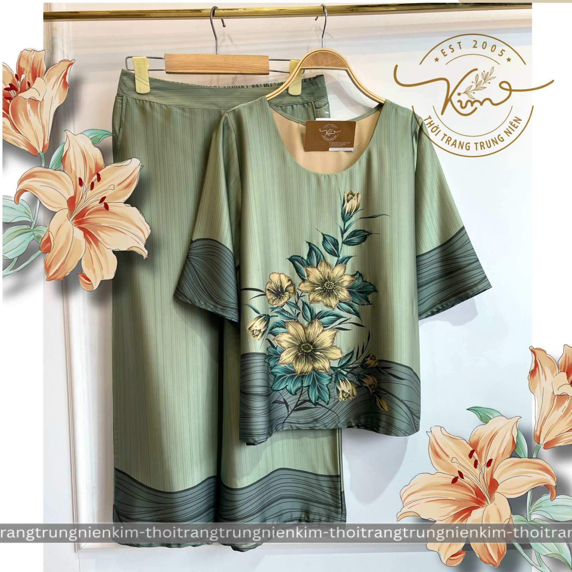Sét bộ lụa trung niên cao cấp hoa văn xinh xắn sang trọng Bigsize quần dài 85cm