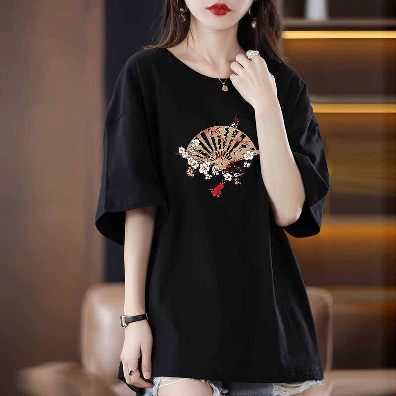 Áo Thun Nữ Tay Ngắn Phong Cách Trung Quốc, Áo Thun in Họa Tiết Mùa Hè, Cổ Tròn, Dài Vừa Phải, Thường Ngày, Tay Ngắn, Trung Tính