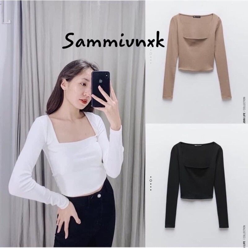 K] Áo thun zip cổ vuông🌸Áo thun dài tay bozip cổ vuông dáng ôm bassic🌸[free ship]