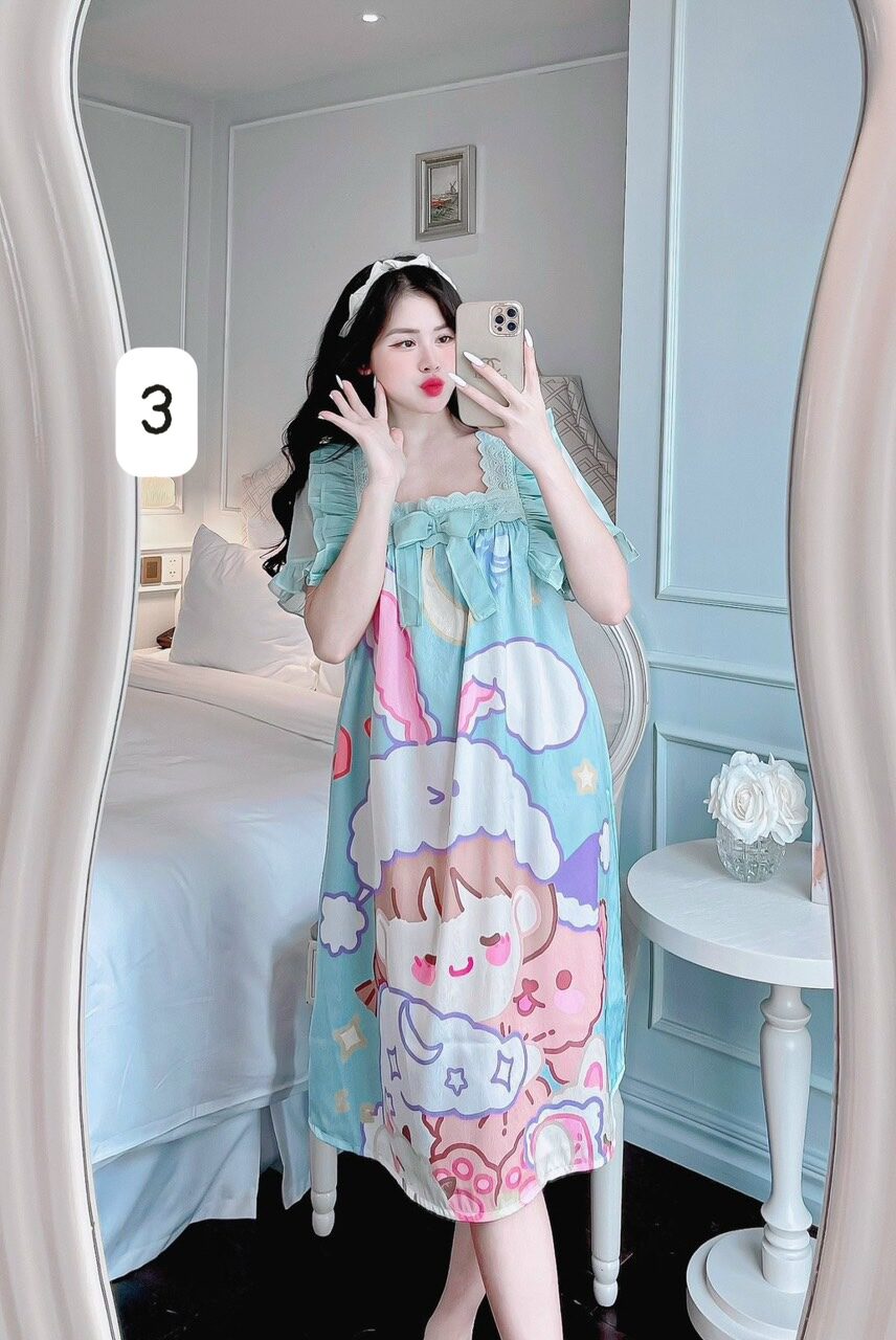Đầm ngủ lụa xước phối ren hình cute. Freesize 45-60kg