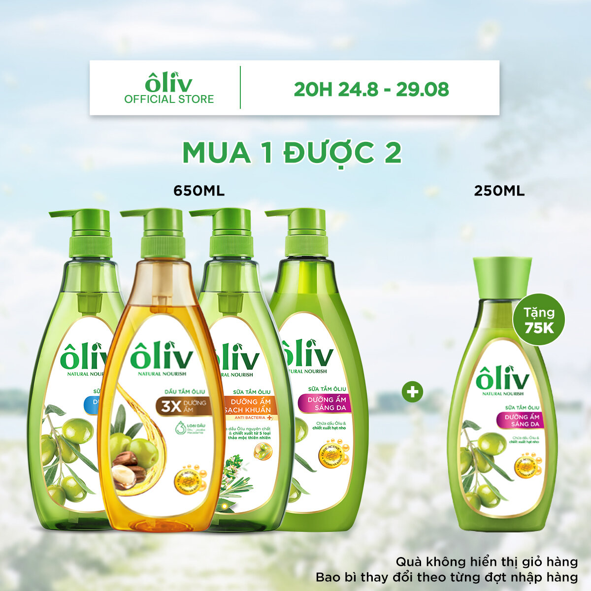 Combo sữa tắm/dầu tắm oliv dưỡng ẩm 650ml + tặng sữa tắm oliv dưỡng ẩm sáng da 250ml