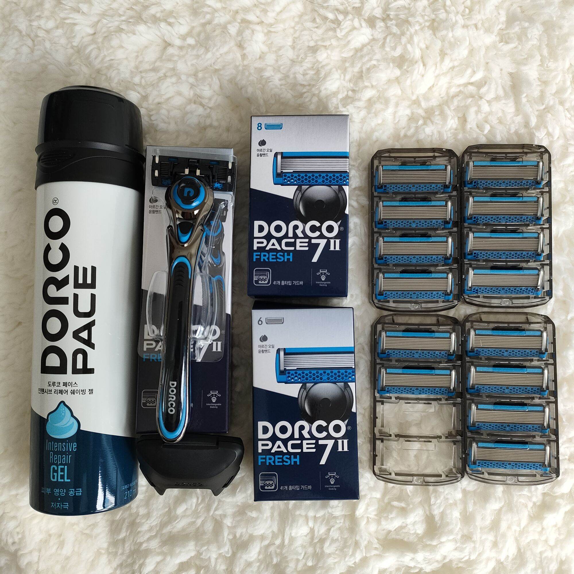 [Nội địa Hàn]✓Bộ dao cạo râu 7 lưỡi DORCO PACE 7 II Fresh(1dao cạo râu kèm lưỡi+14 đầu dao thay thế+1 chai bọt cạo râu 210ml)