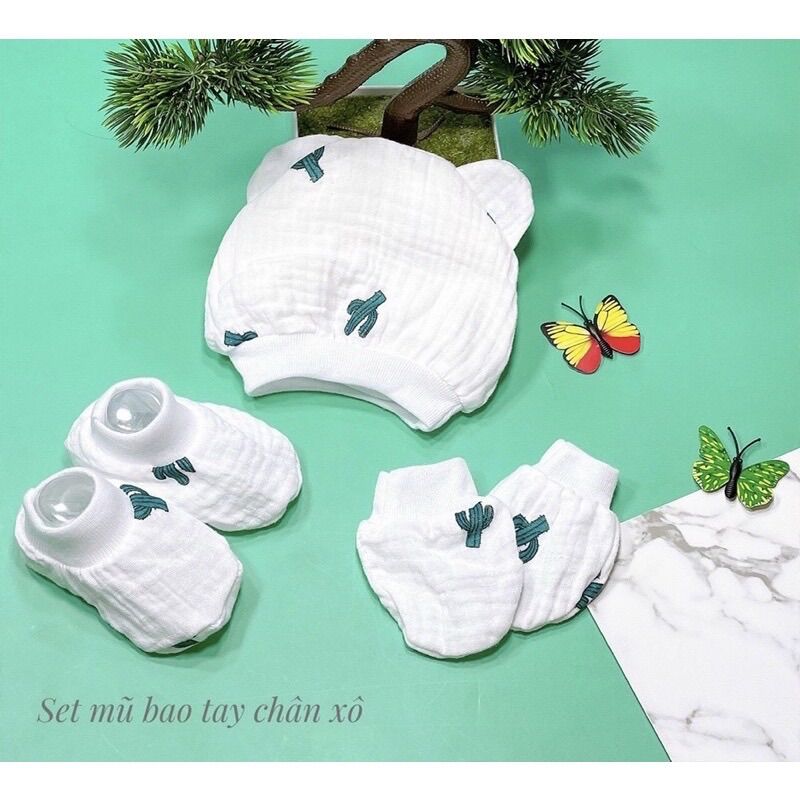 Set nón và bao tay chân vải xô cho bé sơ sinh