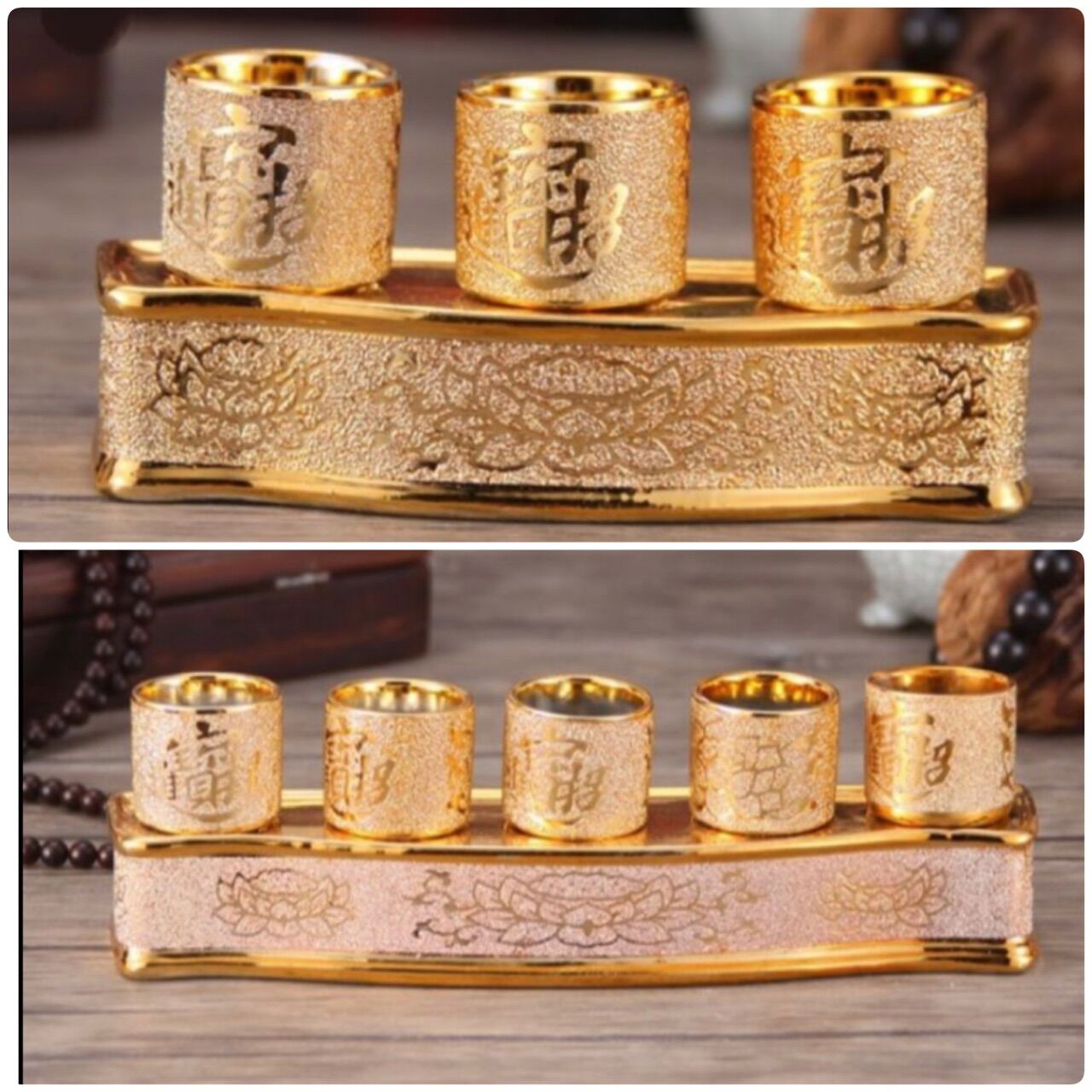 Áng 3 và áng 5 bộ ly nước để bàn thờ kim sa vàng_nhiều cỡ