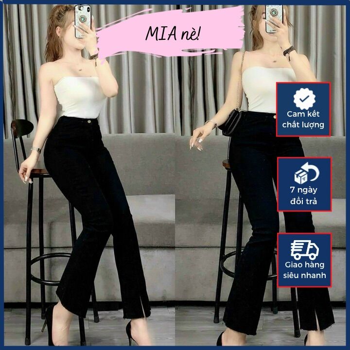 Quần bò ống loe xẻ gấu mia chất liệu jean giấy