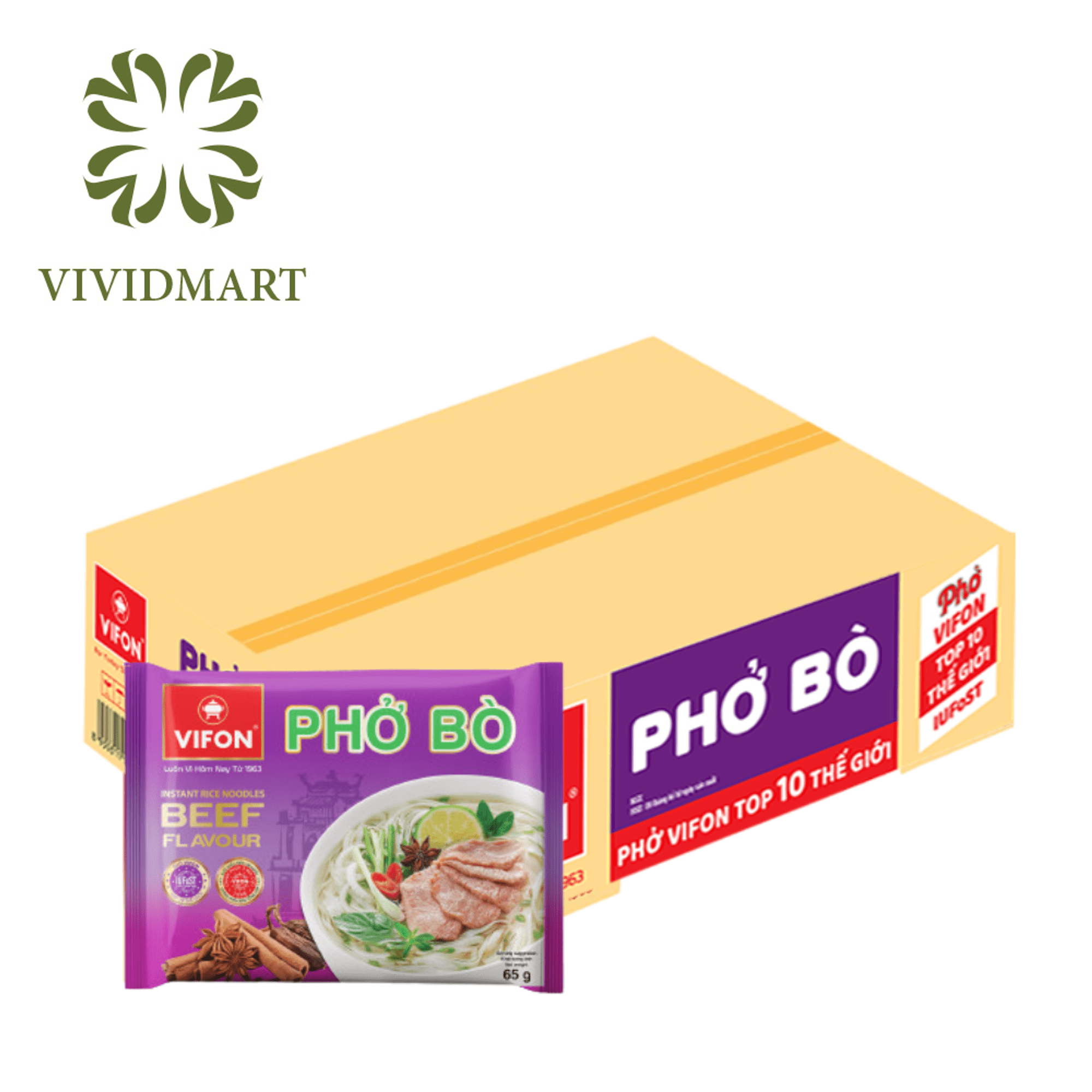 [BOX 30 PACKAGE] - VIFON - INSTANT RICE NOODLES 3 FLAVOURS: BEEF FLAVOUR, CHICKEN FLAVOUR, MUSHROOM VEGETABLES FLAVOUR (65G/PACKAGE)