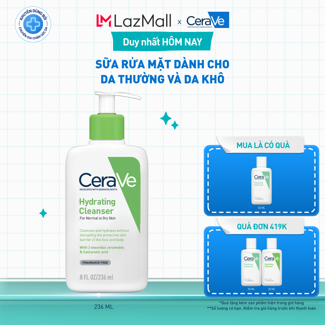 Sữa rửa mặt giúp làm sạch sâu dành cho da thường và da khô Cerave Hydrating Cleanser 236ML