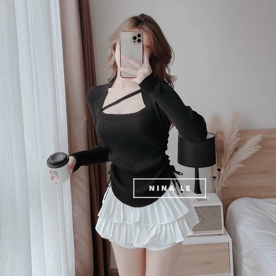 ÁO LEN GÂN DÂY CHÉO CỔ, áo kiểu nữ, PHỤNG HOÀNG