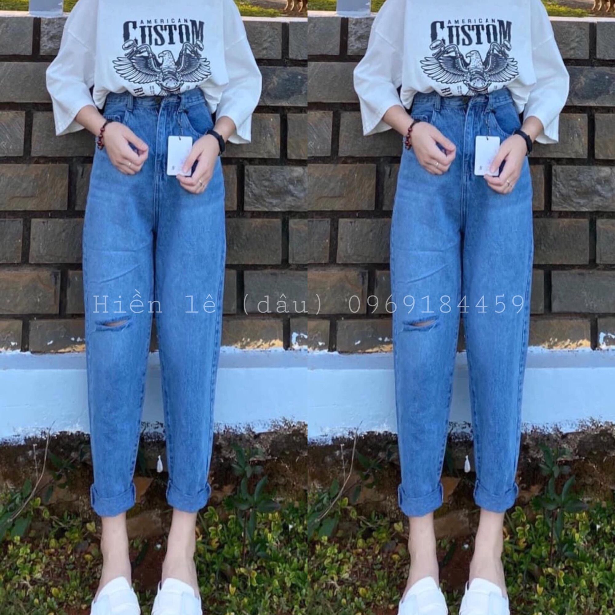 Set Baggy Jeans Rách 1Line + Tshirt custom