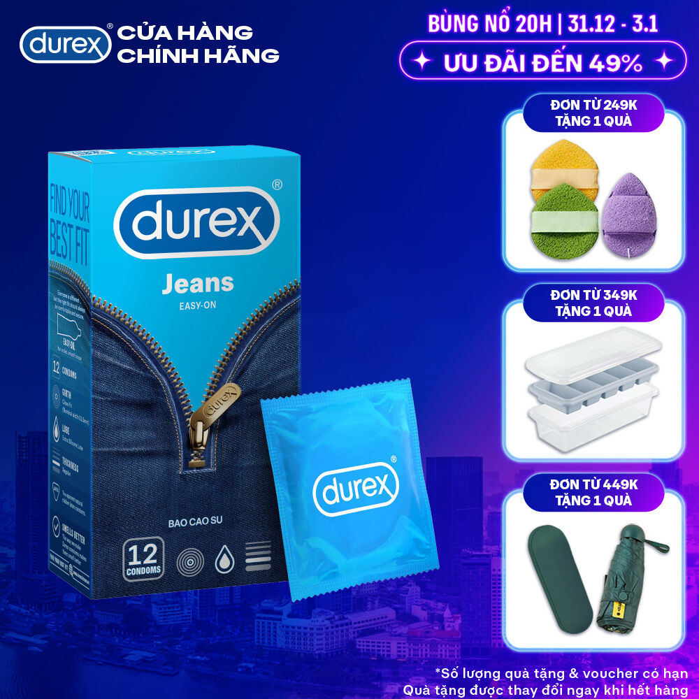 Bao cao su Durex Jeans cơ bản bôi trơn size 52.5mm hộp 12 bao