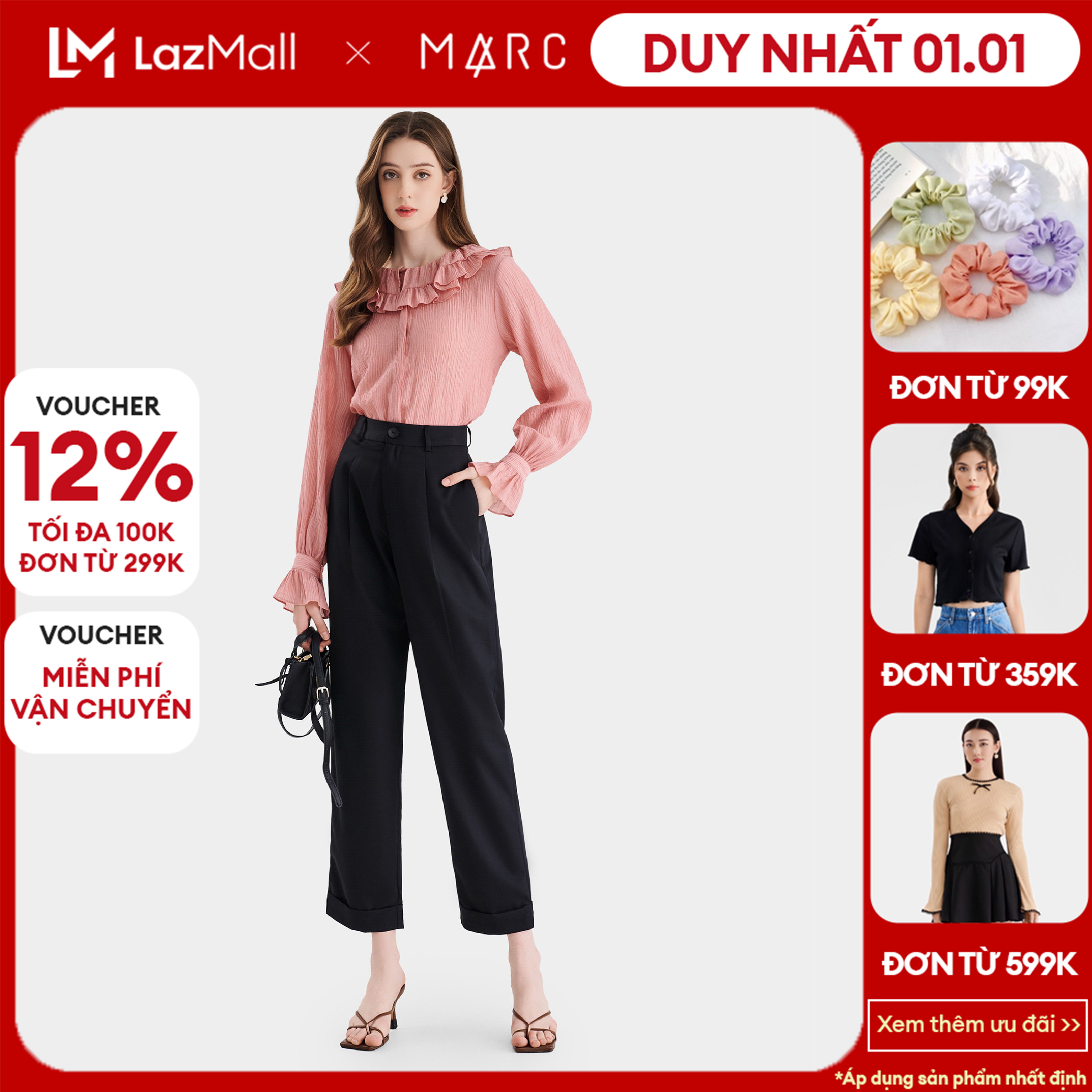 DUY NHẤT 01.01 VOUCHER 100K TẶNG ÁO ĐƠN 359K Quần tây lật lai túi xéo Nữ MARC FASHION FAVH074923