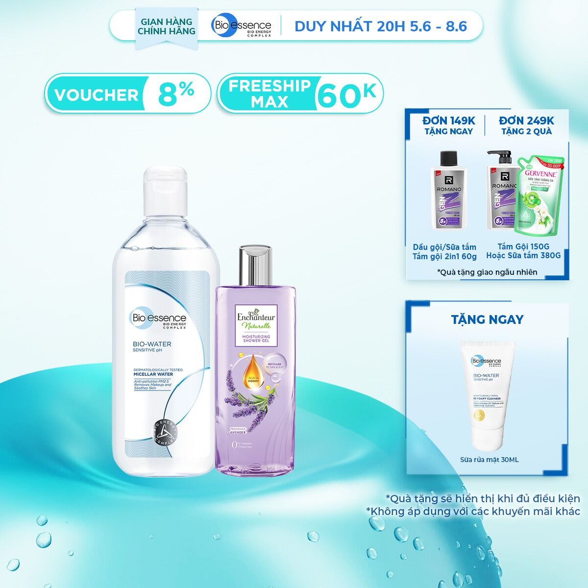 Nước tẩy trang ẩm mượt mịn màng Bio-Essence BioWater Micellar 400ml + tặng kèm chai Sữa tắm Enchanteur naturelle 250g (mùi ngẫu nhiên)