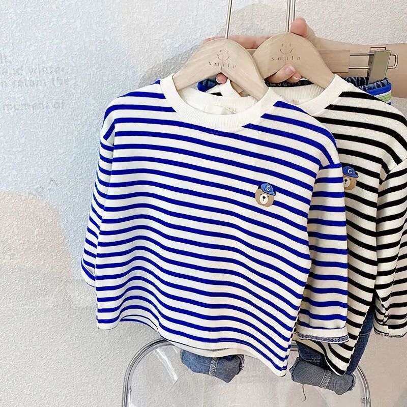 Áo dài tay trẻ em áo thủy thủ rộng rãi bé trai bé gái áo phông kẻ sọc áo áo mặc trong 2023 cotton mẫu mỏng