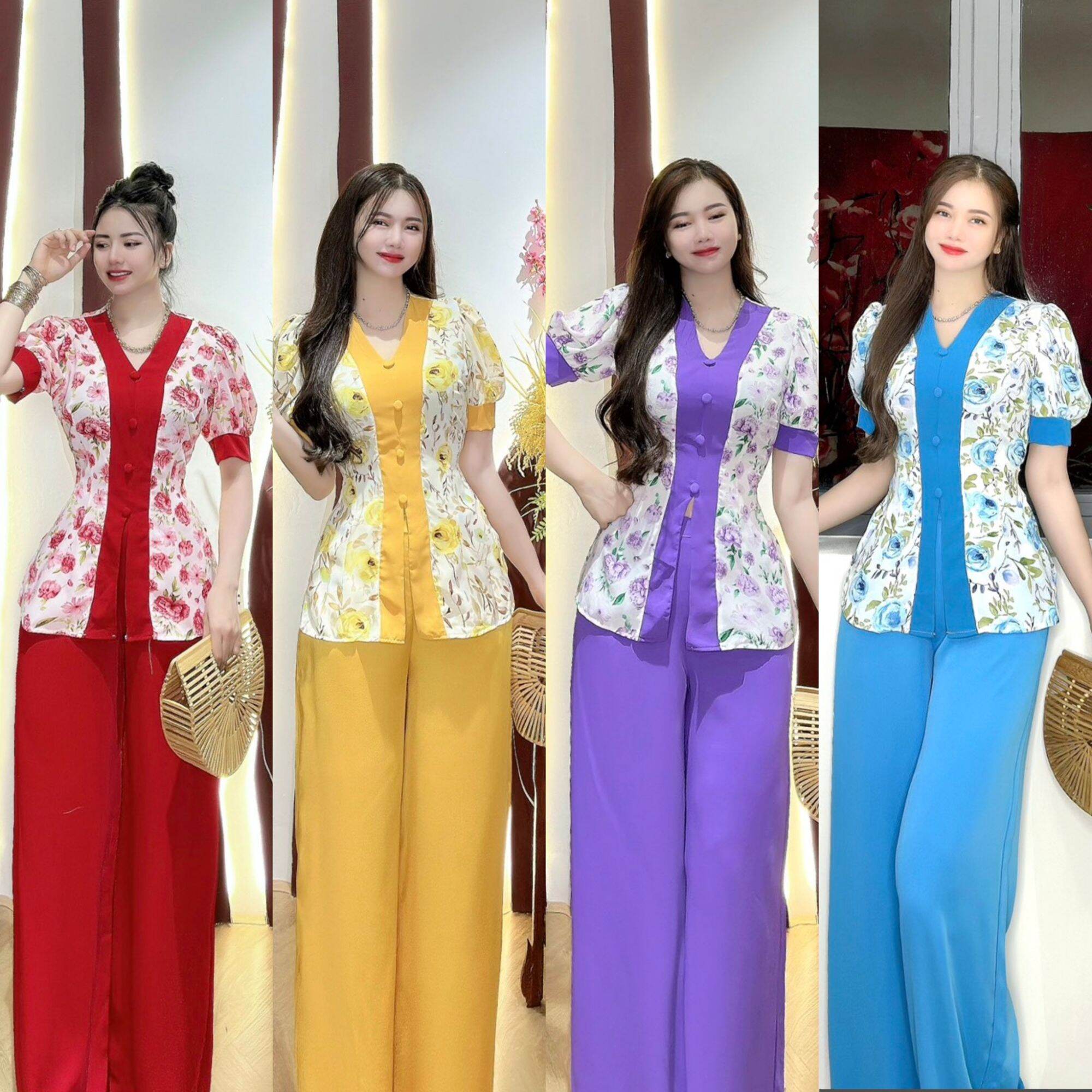Bộ bà ba cổ tim tay phồng búp / Sét bà ba cổ tim