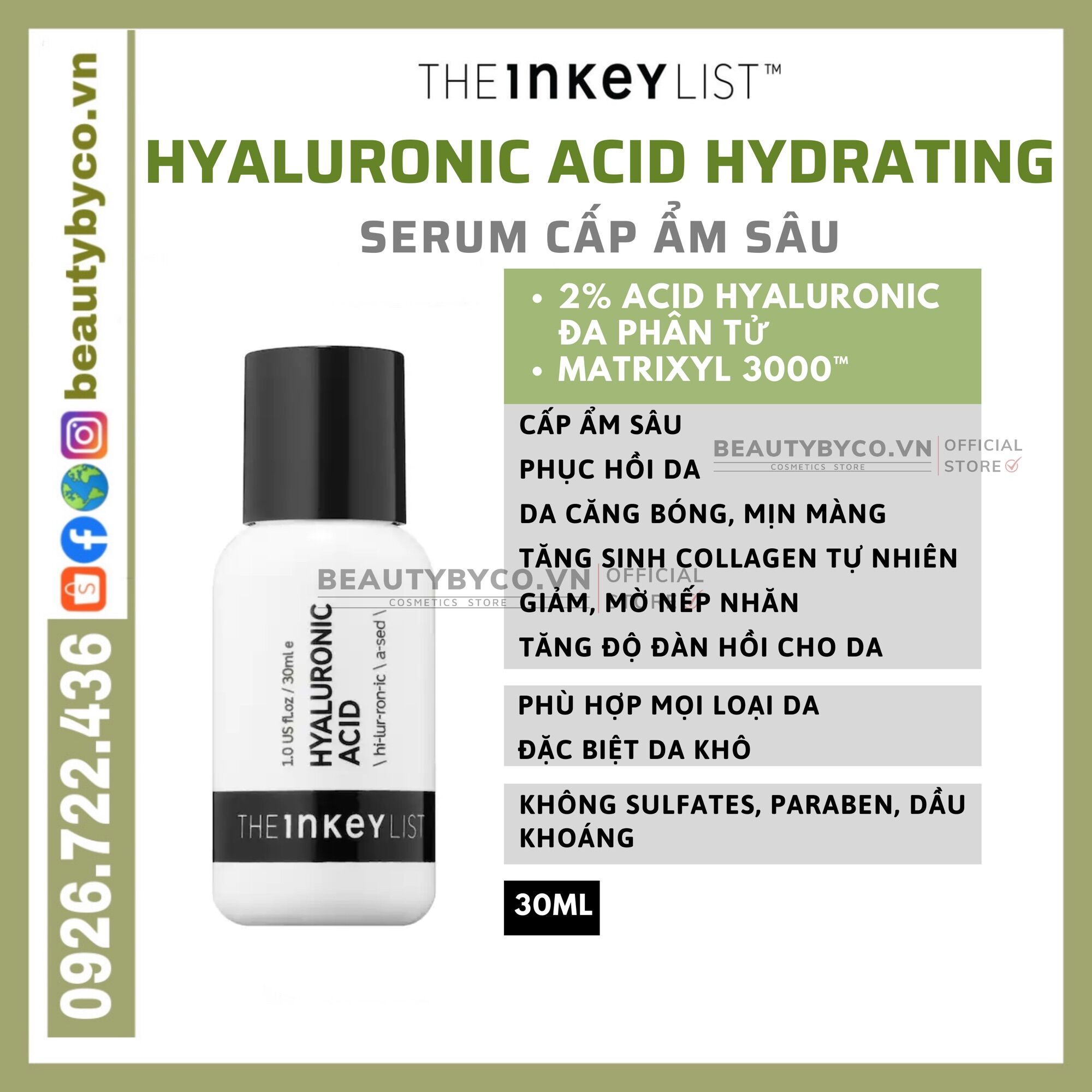 (Bill Sephora)Tinh chất cấp nước The Inkey List Hyaluronic Acid cấp ẩm sâucủng cố hàng rào bảo vệ dada căng bóng(30ml)