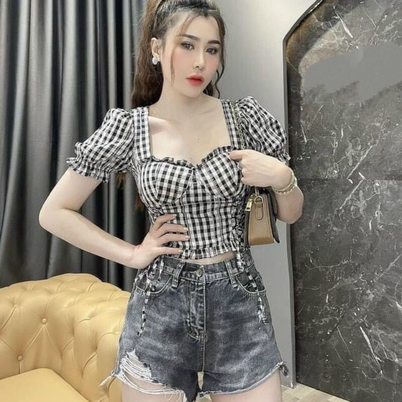 Áo kiểu nữ, áo mod ngực caro dây rút tay phồng siêu xinh
