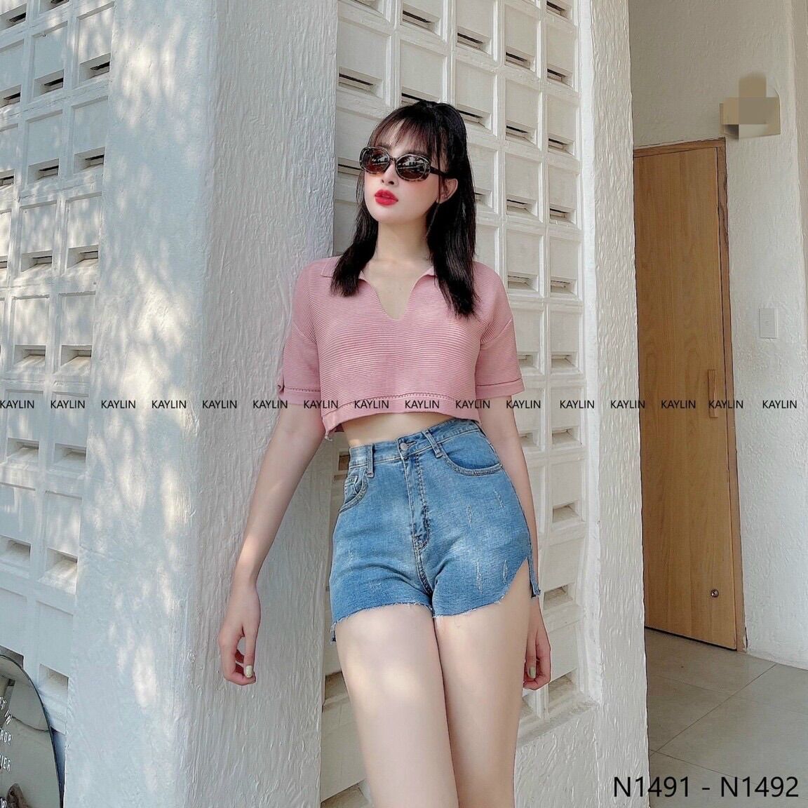 💥Áo len croptop cộc tay cổ bẻ dáng thụng