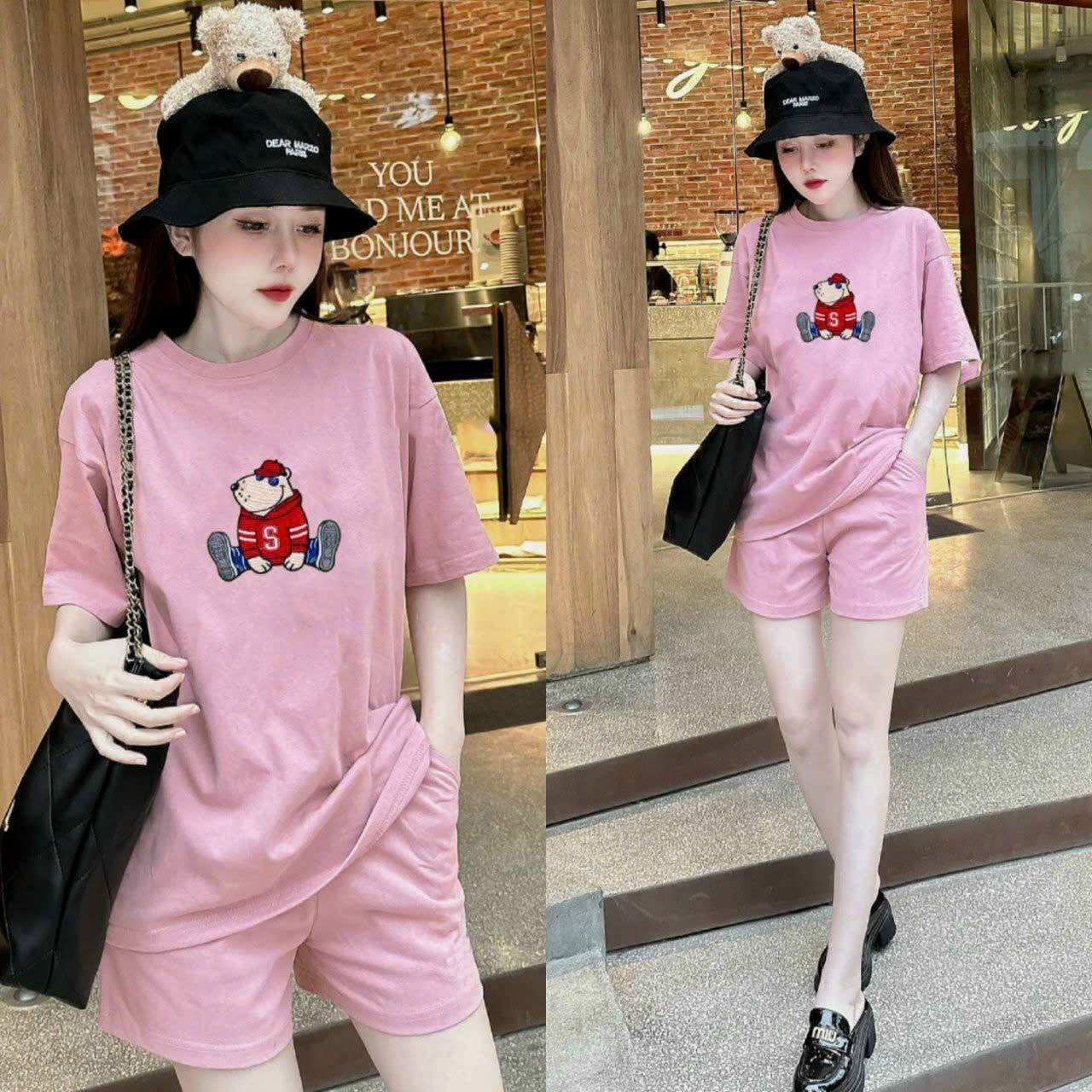 Bộ short thun cotton áo thêu gấu