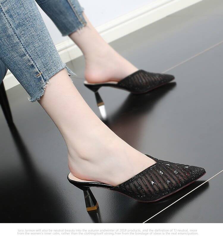 Dép Lê Đi Bên Ngoài Cao Gót Dép Lê Nửa Mũi Nhọn Bít Mũi Gót Nhọn Gót Nhỏ Dễ Phối Mẫu Mới Mùa Hè Năm 2023 Cho Nữ Dép Lê Pha Lê Lưới