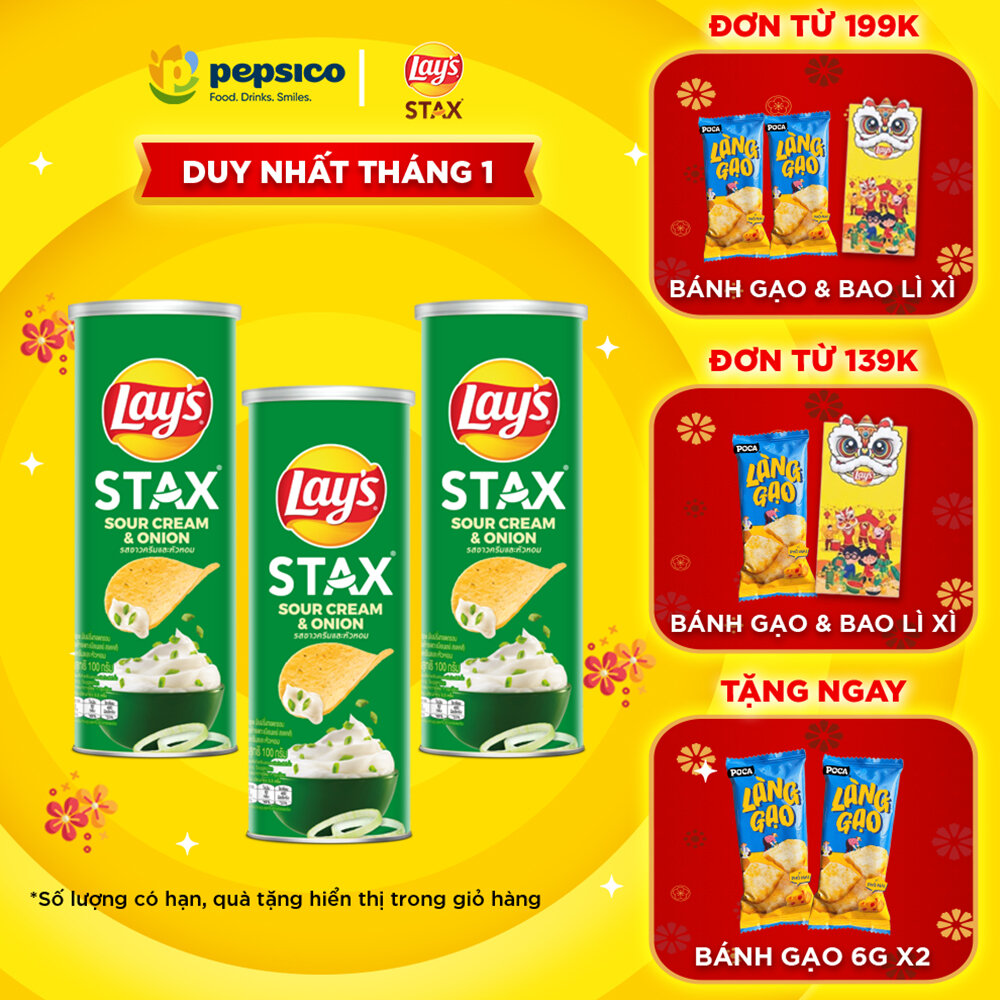 Combo 3 Ống Bánh khoai tây LAYS STAX 100G vị Tự Nhiên/Tôm Hùm Nướng/Mực Cay/Bò Wagyu Nấm Truffle/Kem