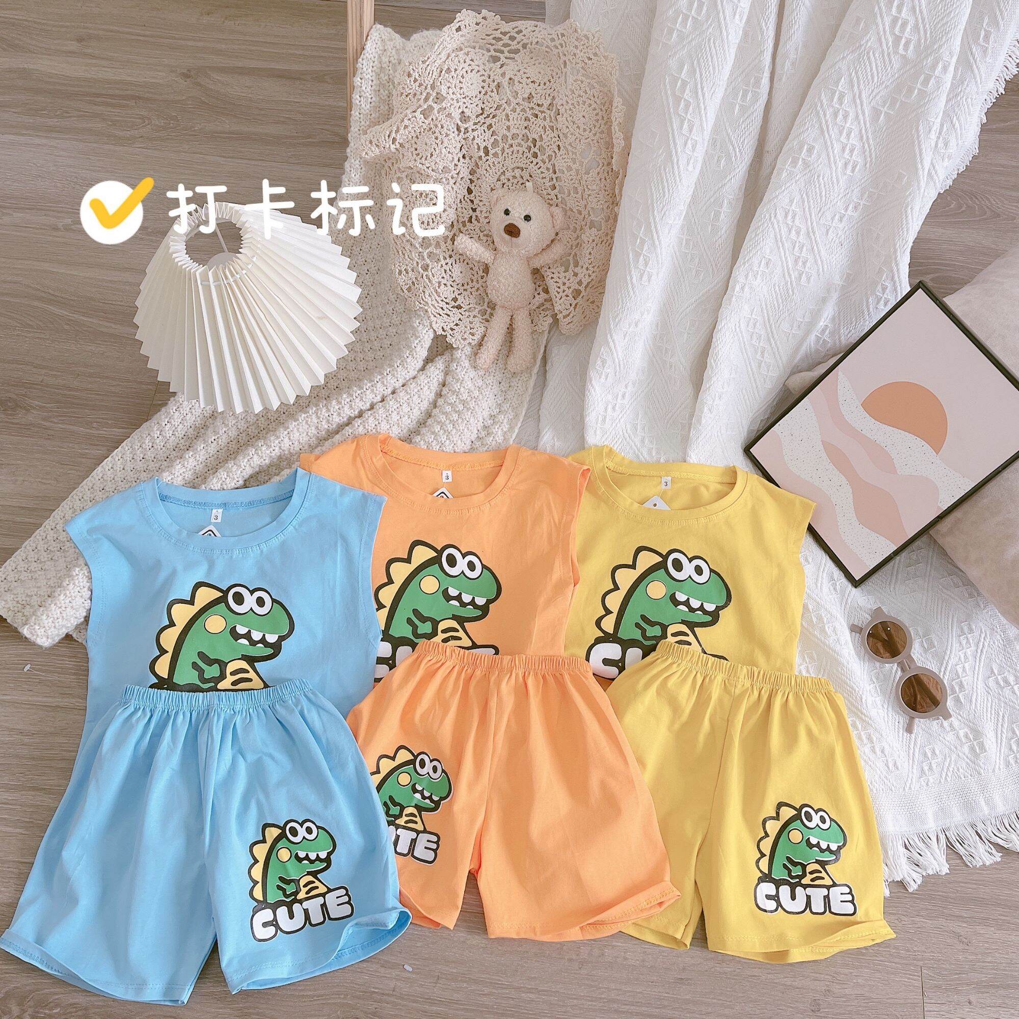 Bộ quần áo bé trai, bộ sát nách khủng long cotton tàu cực xinh 8-20kg