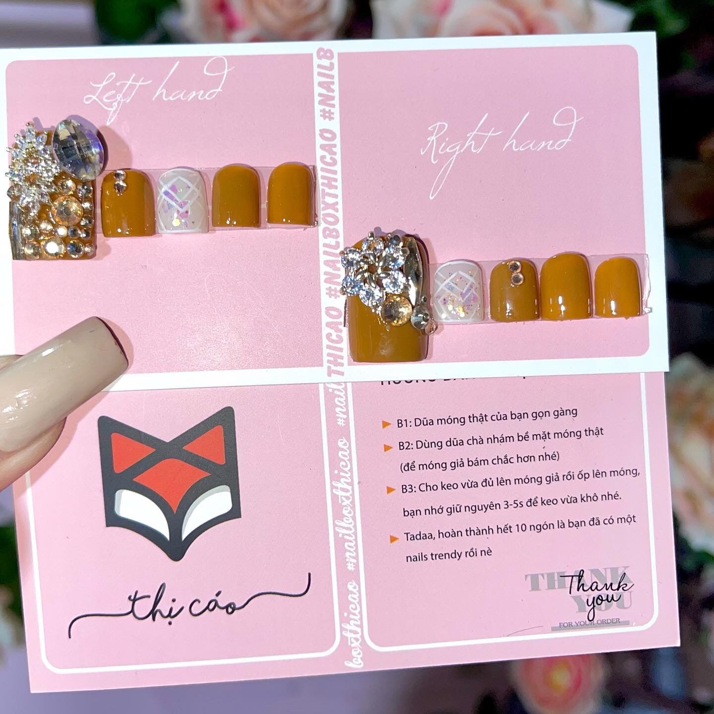[Nails box] Móng chân giả đính đá nâu nhạt
