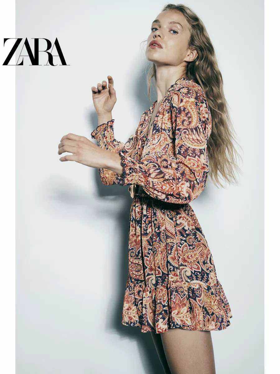 Đầm Zara voan hoạ tiết hoa nâu cổ điển dáng xoè