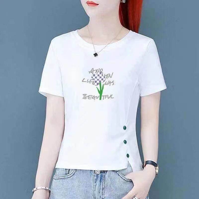 Áo Thun Nữ Tay Ngắn Mùa Hè 2024 Phong Cách Hàn Quốc Dáng Rộng Đa Năng Không Đều Thời Trang Thường Ngày Cổ Tròn in Họa Tiết
