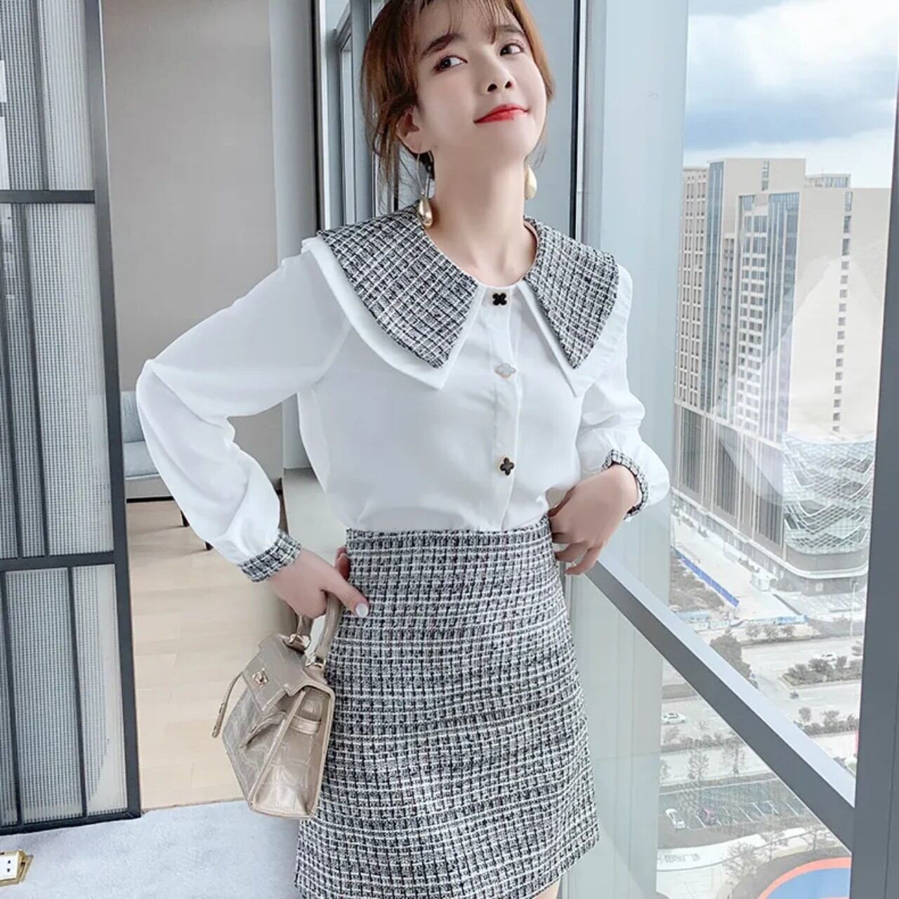 Sét Váy Sơ Mi Dạ Tweed Trắng Đen Hàng Quảng Châu