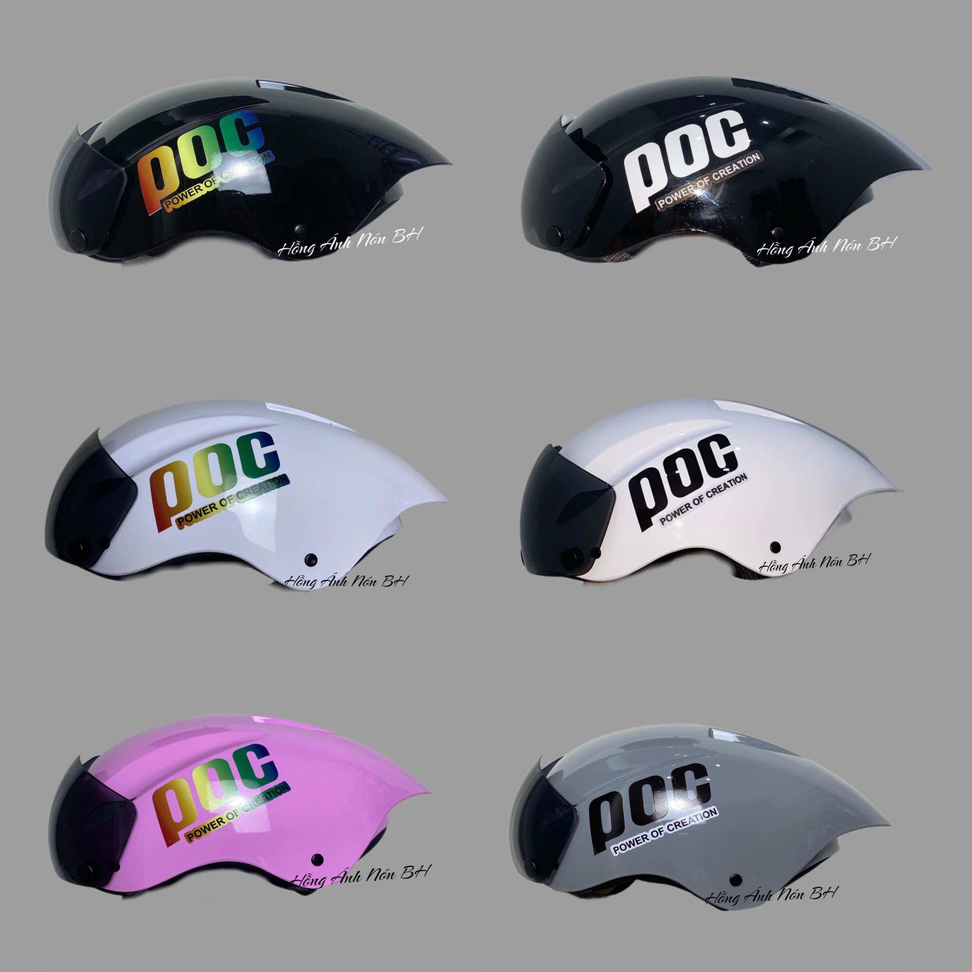 Mũ bảo hiểm xe máy đuôi nhọn dán tem POC cao cấp kính bấm - đuôi nón không có trục tăng chỉnh