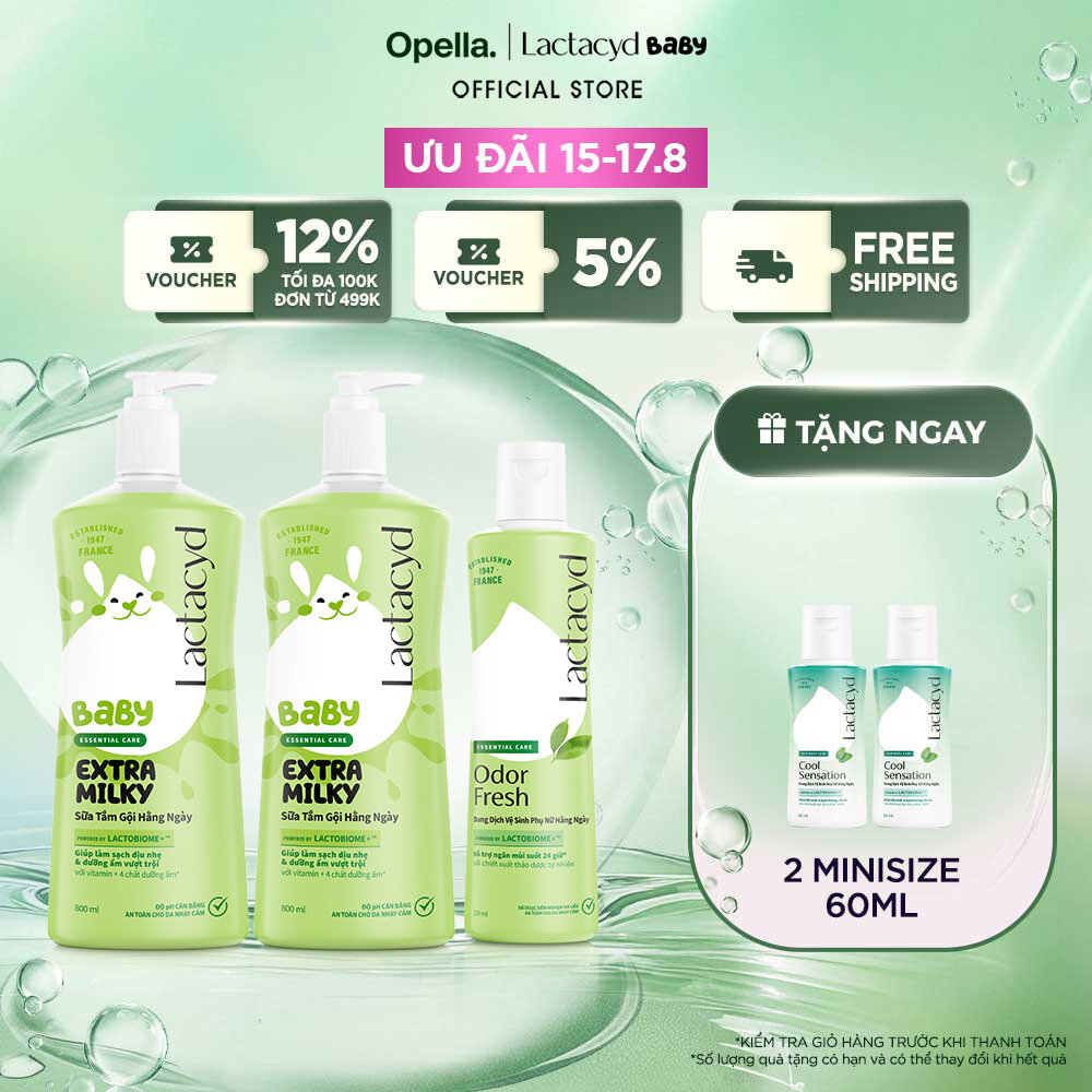 Bộ 2 Chai Sữa Tắm Gội Trẻ Em Lactacyd Baby Extra Milky Làm Sạch Dịu Nhẹ và Dưỡng Ẩm Vượt Trội Size Jumbo 800ml + Chai Dung Dịch Vệ Sinh Phụ Nữ Lactacyd Odor Fresh Ngăn Mùi 24H 250ml