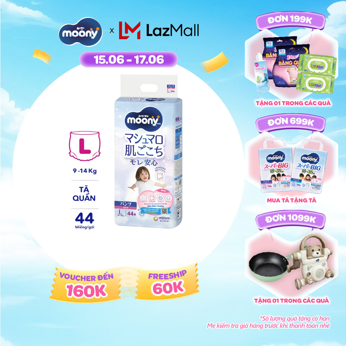 [SALE GIỮA THÁNG tặng QUÀ TO-SLCH] Tã quần cao cấp Moony Bé Gái L44 miếng - Nhập khẩu từ Nhật Bản
