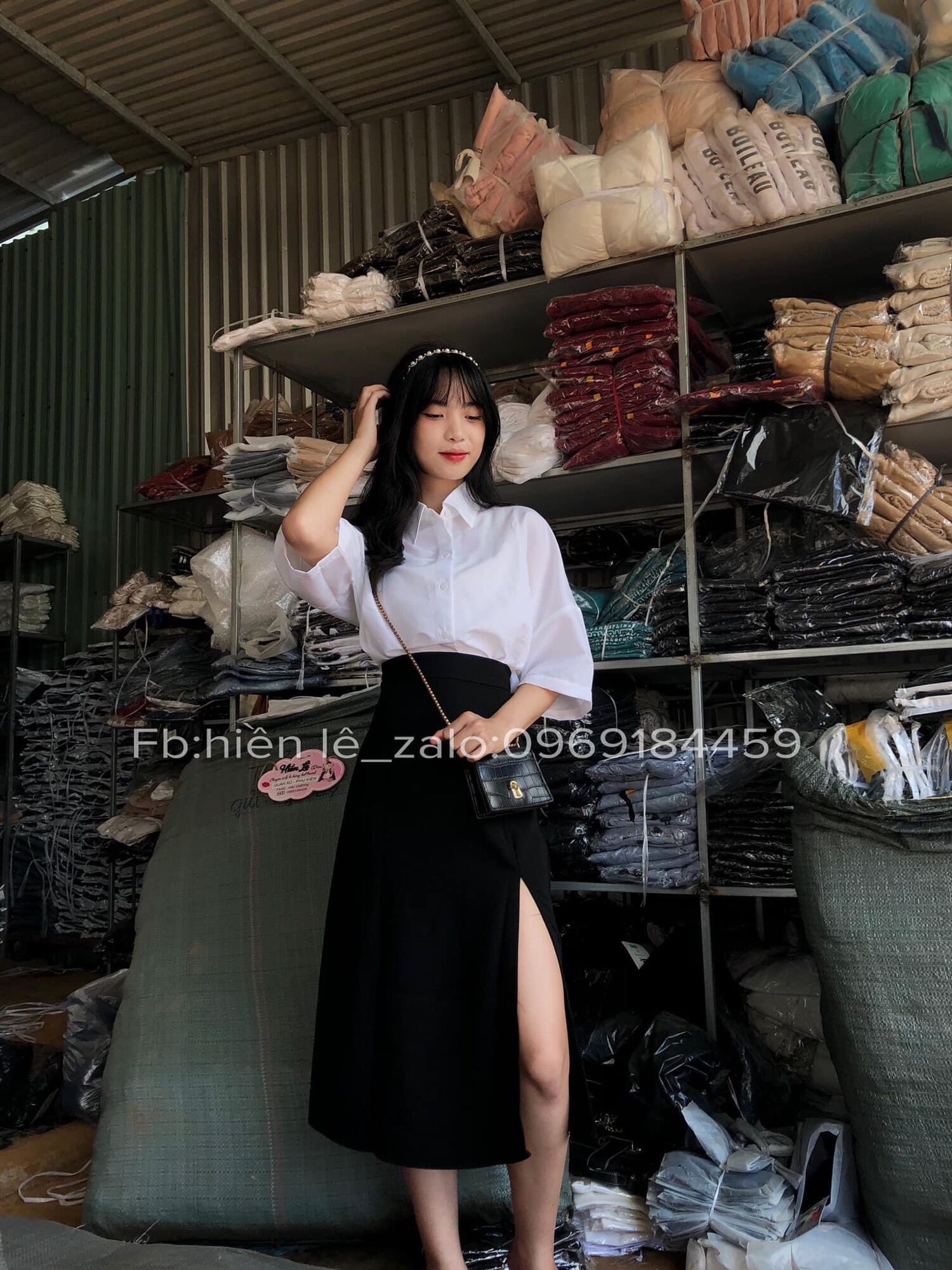 Set váy xẻ + sơ mi kate