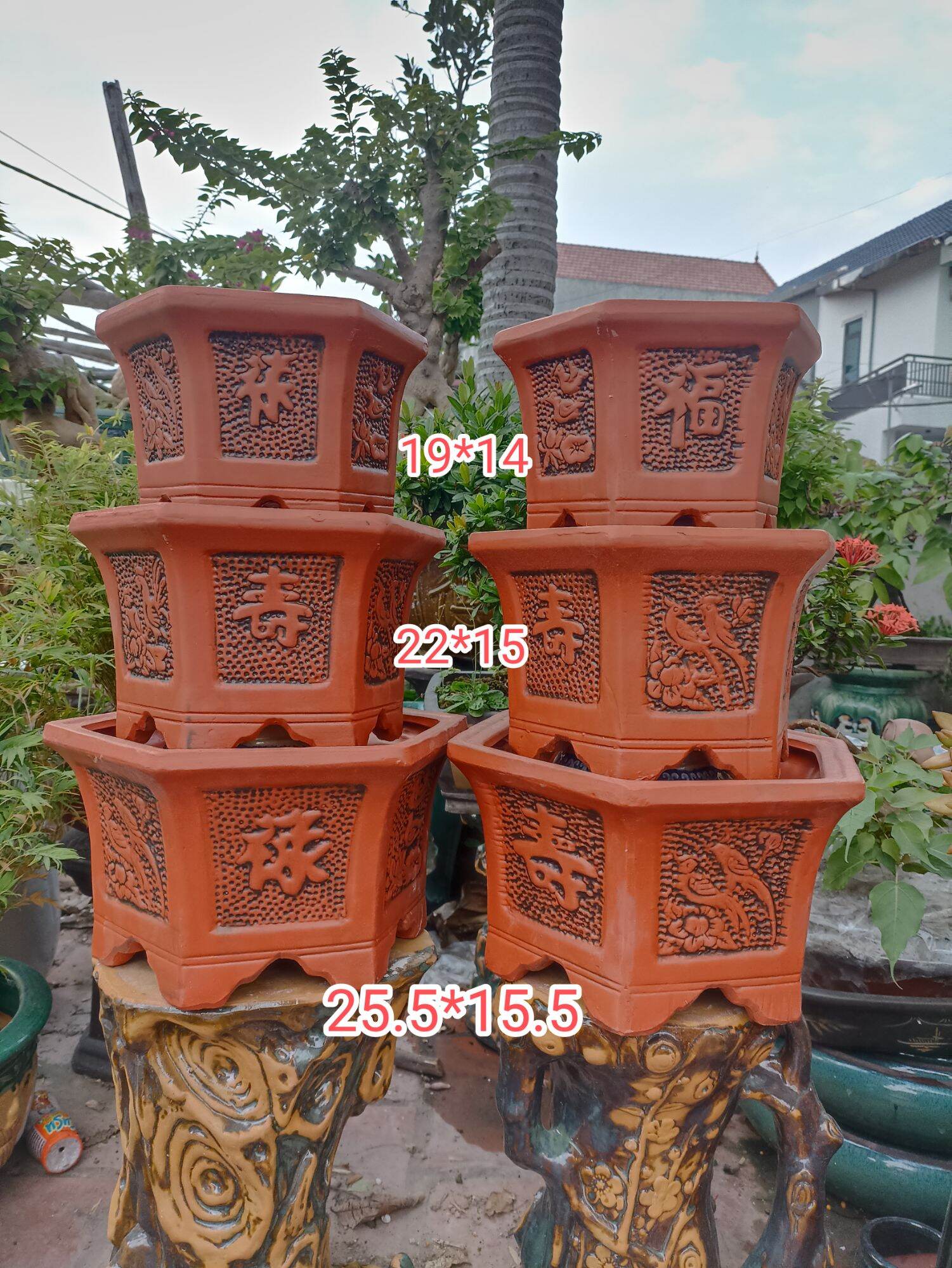 Bộ 3 chậu lục giác gốm đỏ nhật