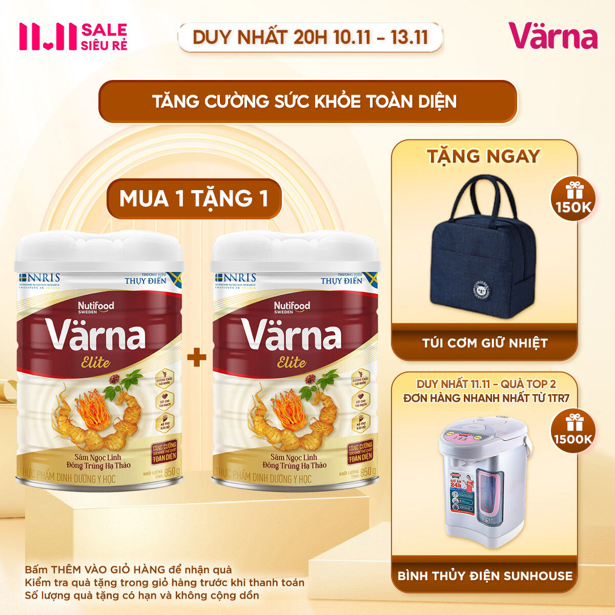 Sữa bột Värna Elite Lon 850g -  Chứa Sâm Ngọc Linh Đông Trùng Hạ Thảo - Varna