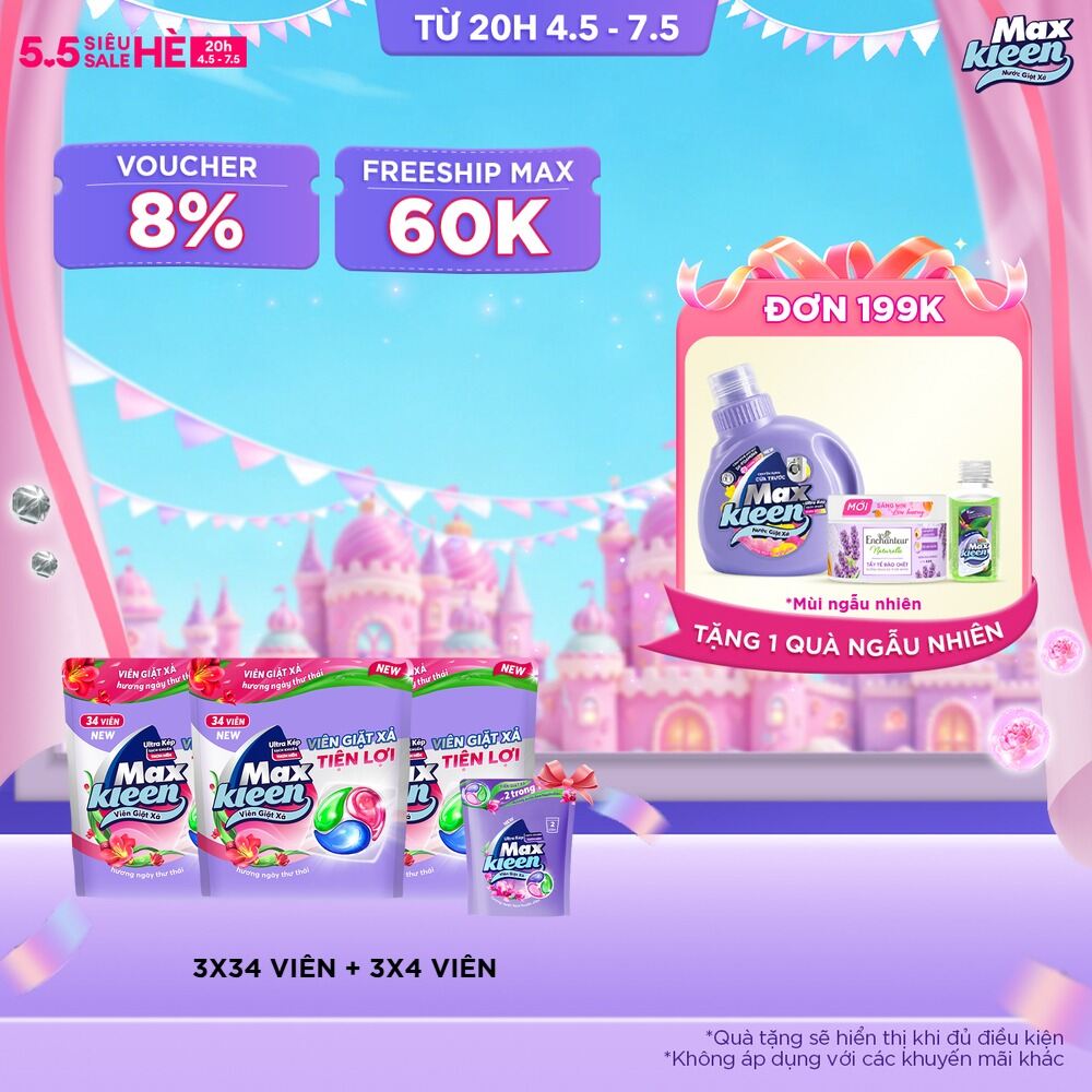 Combo 3 Túi Viên Giặt Xả MaxKleen Hương Ngày Thư Thái (Túi 34+4 Viên)