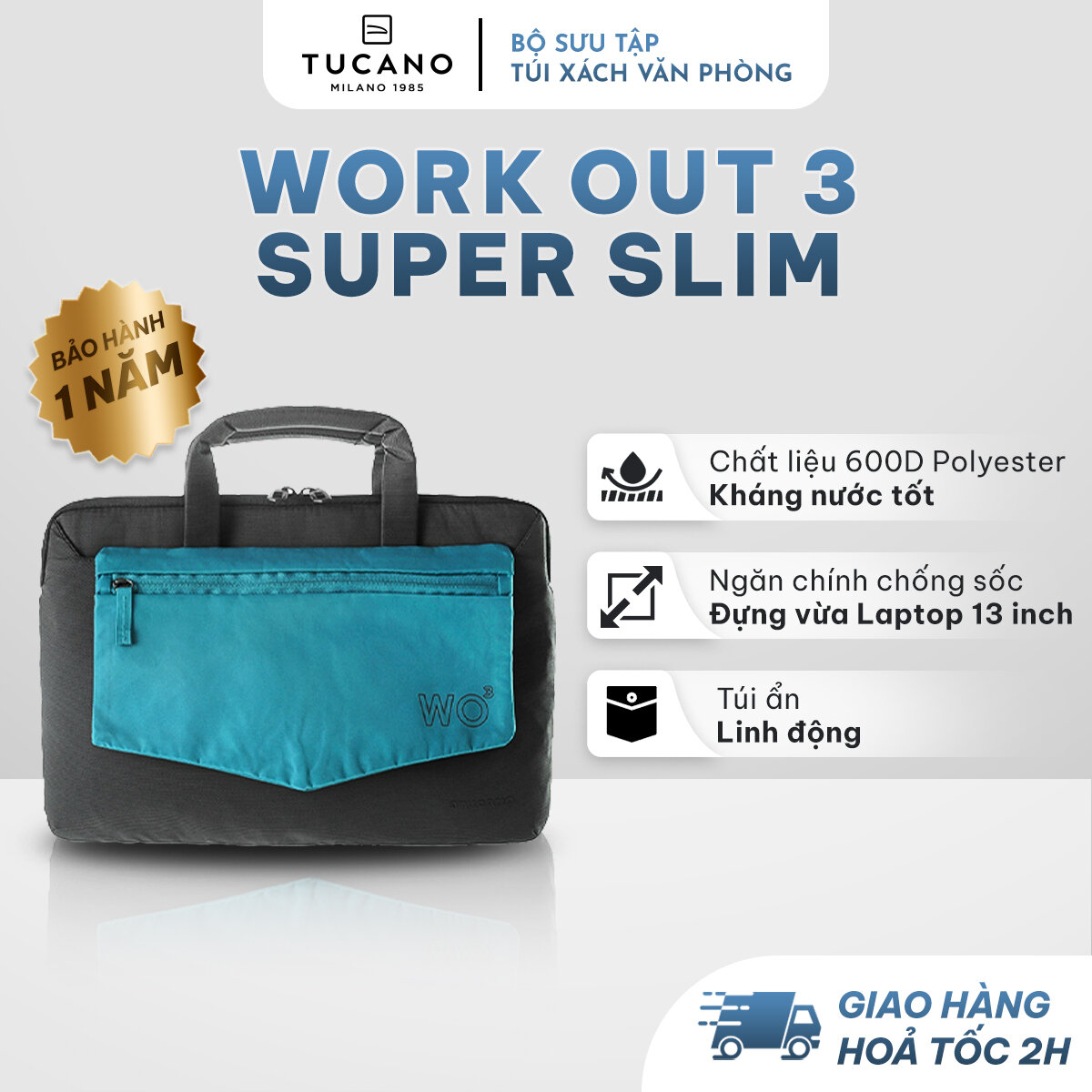 Túi xách nam nữ tucano work out 3 super slim - 13 inch - vải bền đẹp, thiết kế kháng sốc, kháng nước tốt