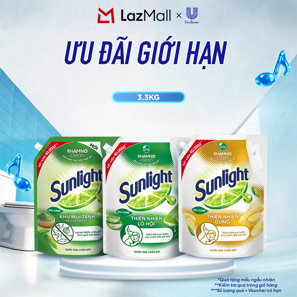 Nước rửa chén Sunlight Bio-care với thành phần từ 100% tự nhiên Túi 3.3kg