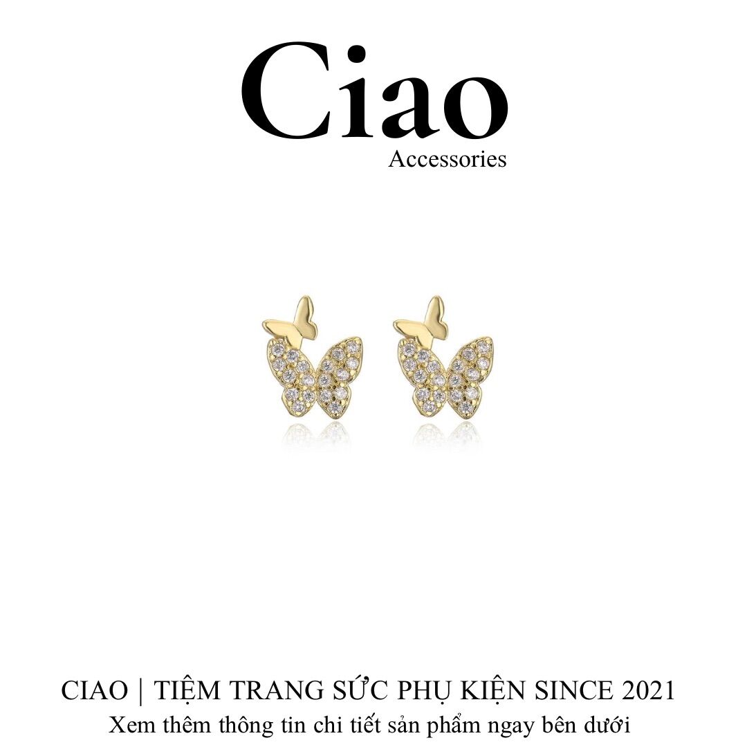 Khuyên tai, bông tai mạ bạc S925 hình bướm đôi đính đá tinh tế Charles Ciao