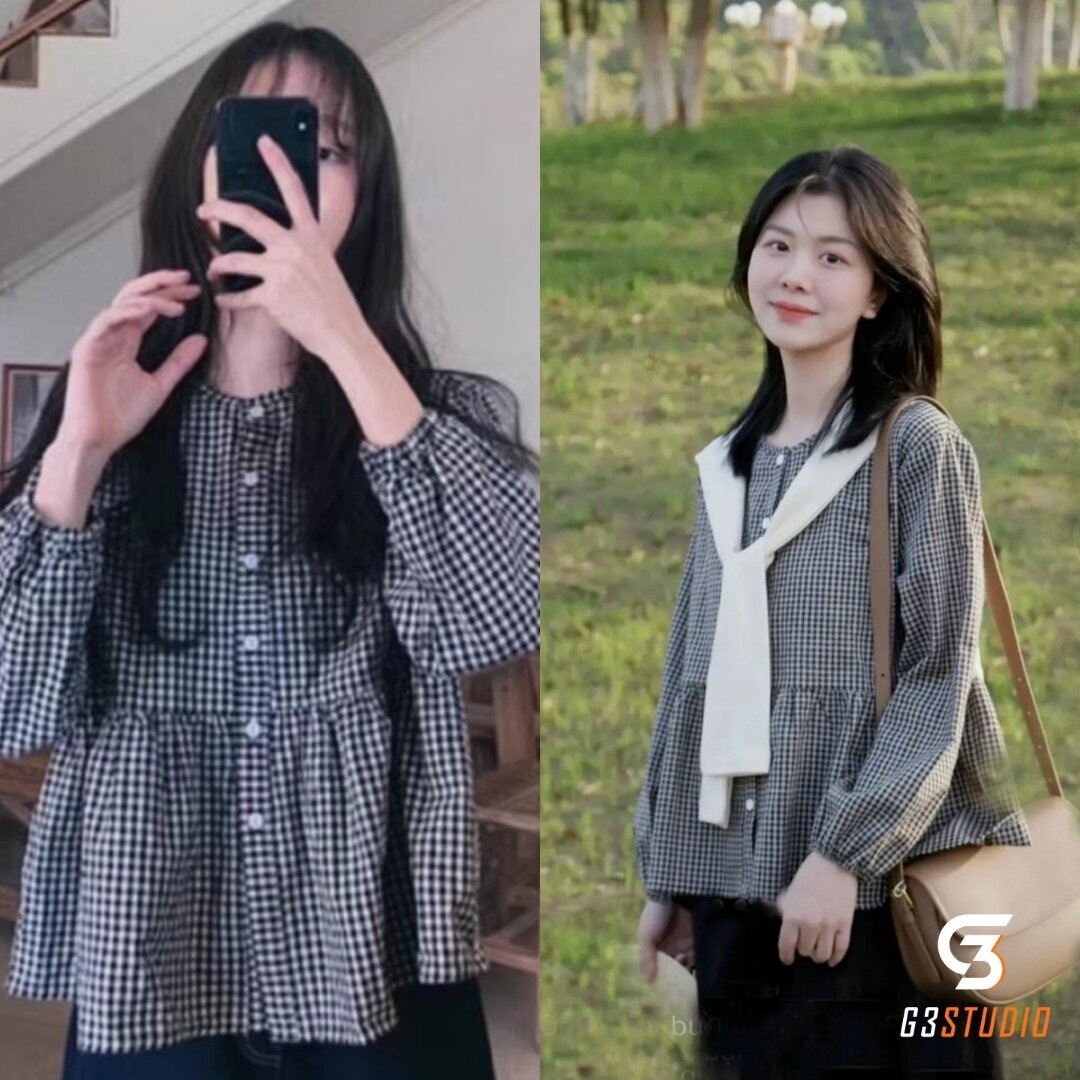 Áo babydoll kẻ caro kèm khăn quàng phong cách hàn quốc