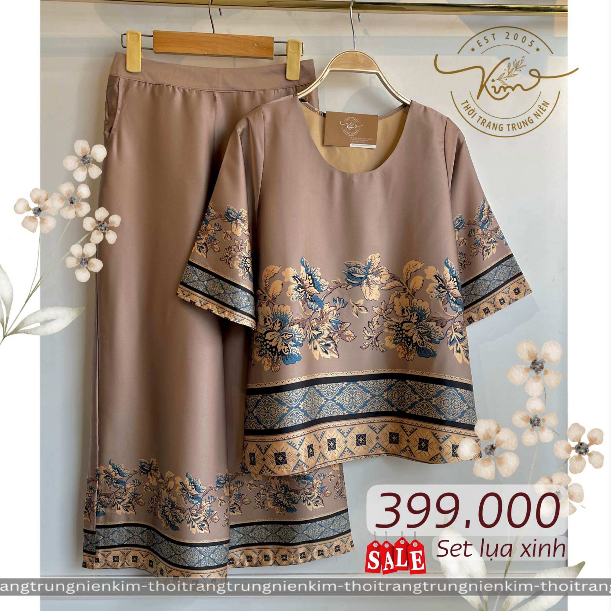 Sét bộ lụa trung niên cao cấp hoa văn hoạ tiết sang trọng Bigsize quần dài 85cm