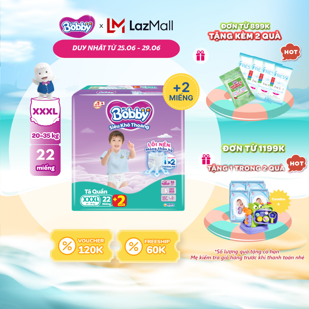 [CHỈ 25-29/6 QT Đơn 899K/1199K][Số miếng tặng thay đổi tùy đợt nhập hàng] Tã/bỉm quần Bobby 3mm Jumbo Gạo non Giảm nhiệt XXXL22
