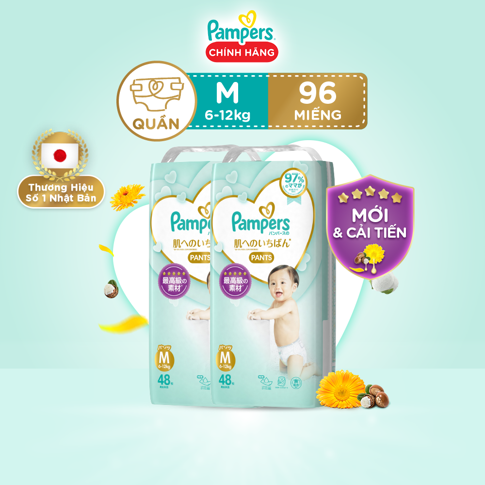 Combo 2 Tã/ Bỉm Quần PAMPERS Nhật Thượng Hạng Size M (48 miếng 6-12kg) Siêu Mềm Mịn & Thoáng Khí