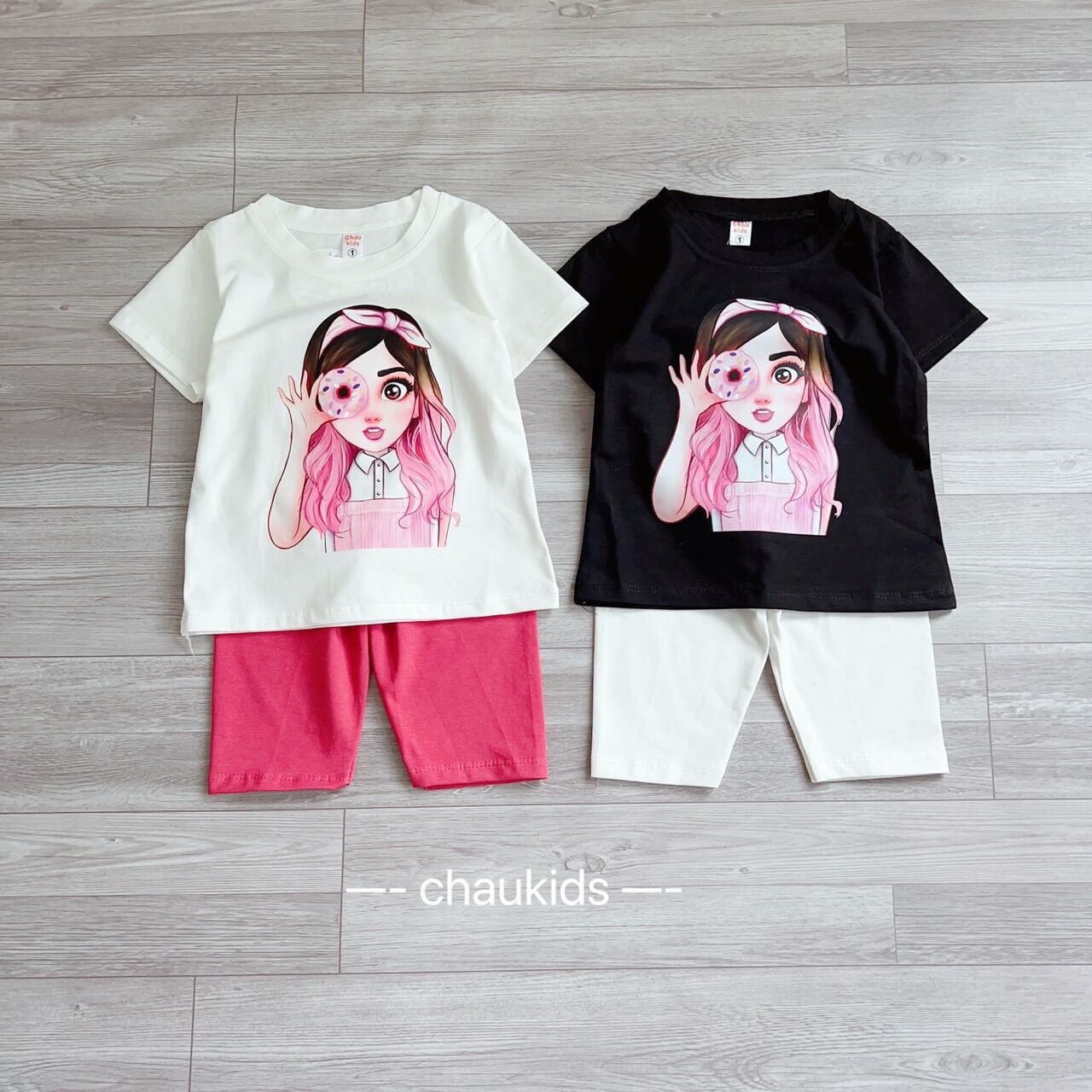 NT151 Bộ cotton áo cộc tay quần lửng in hình cô gái cho bé gái chất cotton co giãn 4 chiều xịn sò