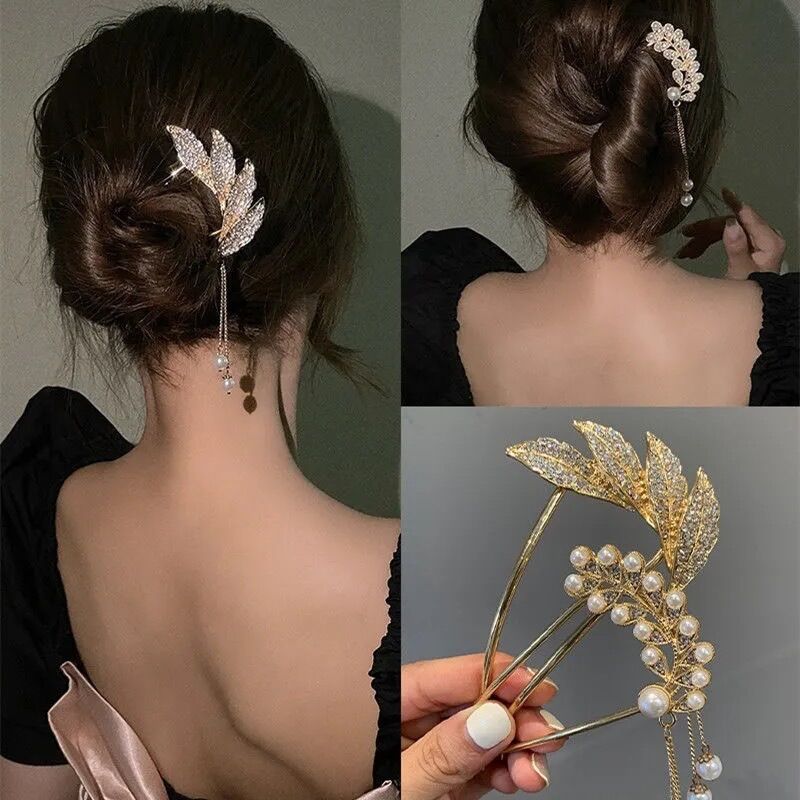 Trâm cài tóc kim loại đính đá đính ngọc, trâm búi tóc cho nữ