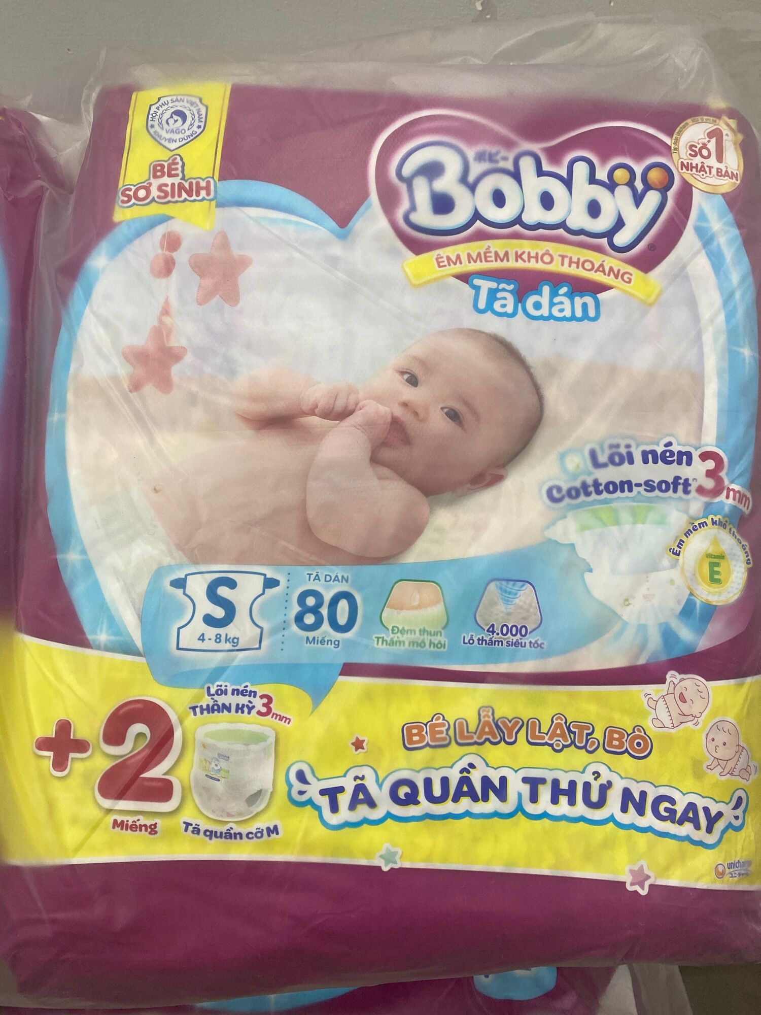 Bỉm/ tã bobby/ tã dán bobby size S80+2miếng tã quần size M