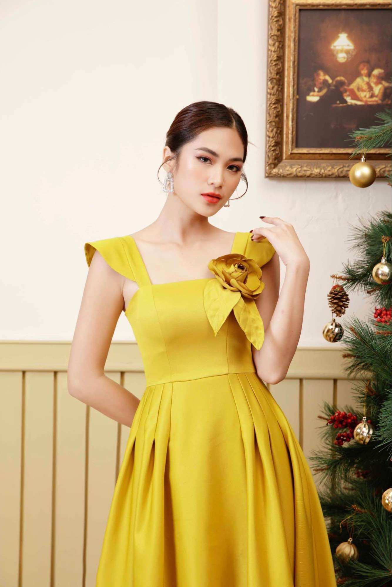 Đầm xòe xếp li eo hoa cài ngực