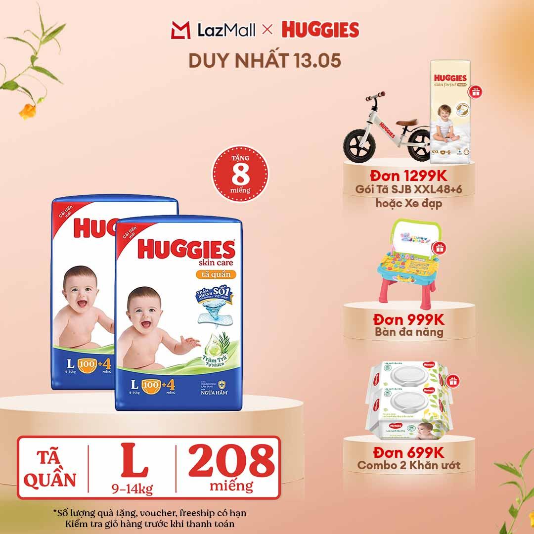 [CHỈ 13.05 GIẢM THÊM 90K]  Combo 2 Gói Tã/bỉm quần HUGGIES SKINCARE MEGA JUMBO size L100+4 miếng